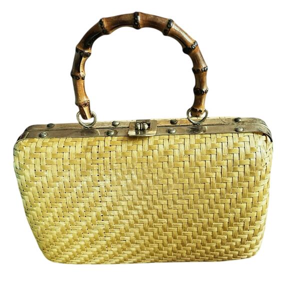 Vintage Rich’s Wicker Handbag Bamboo Top Handle Italian Woven Rattan Purse - Picture 3 of 15